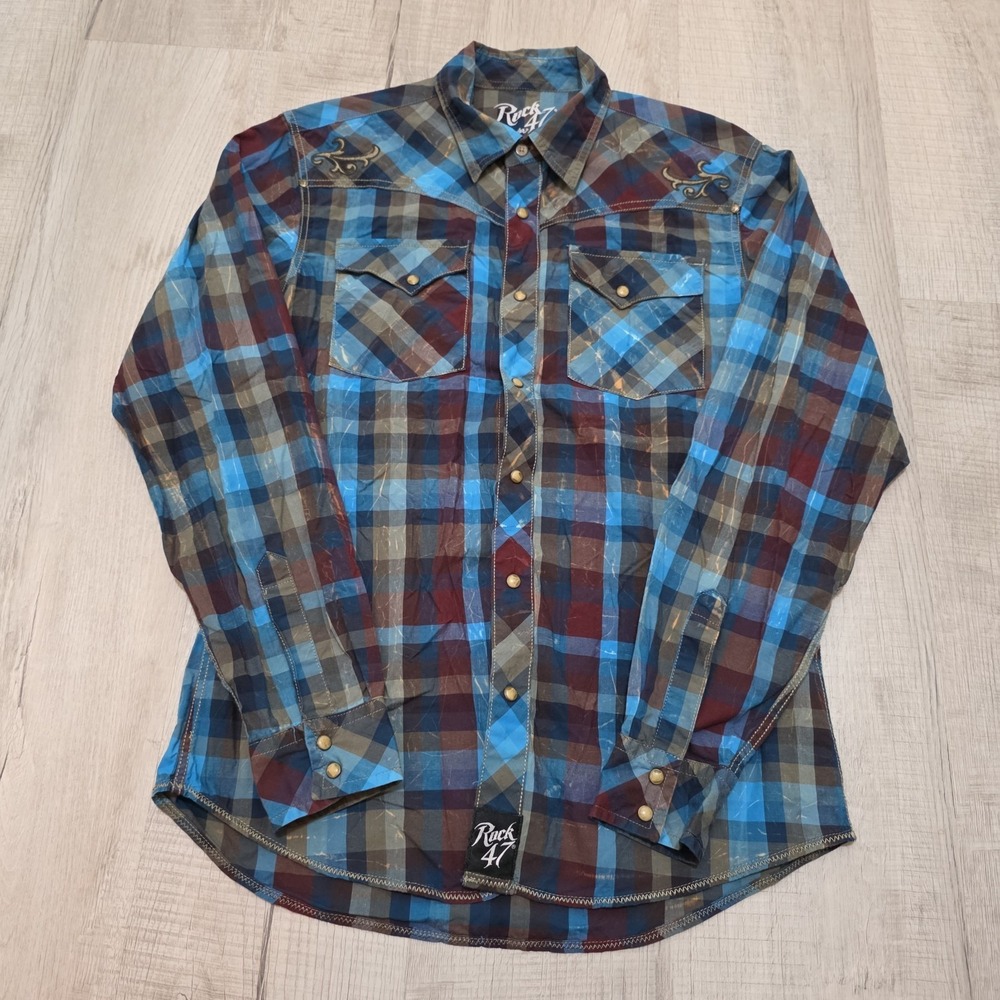 Wrangler Rock 47 Boys Pearl Snap Shirt XL Plaid Long Sleeve Western Blue BRC248M